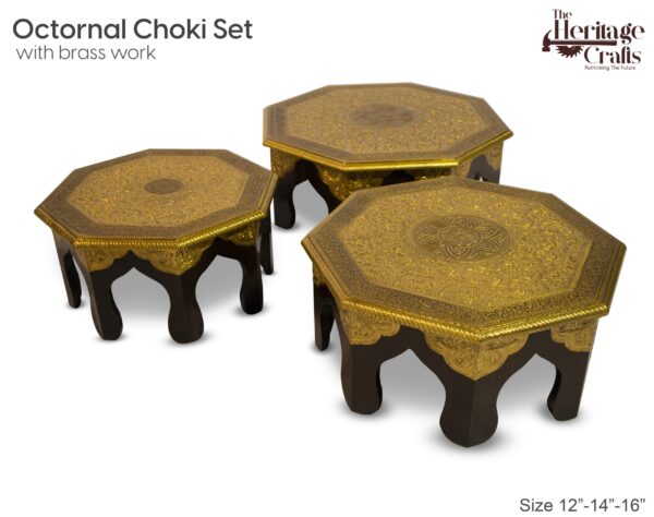 Handmade Wooden Indian Brass Pooja Chowki (2)